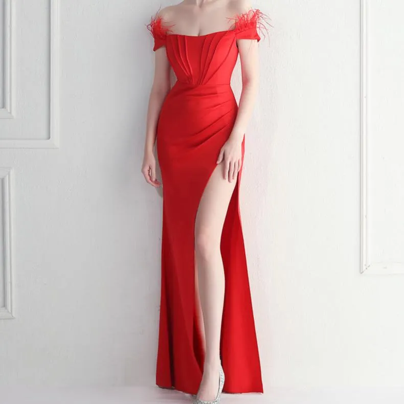 Anna Off Shoulder Slit Evening Dress