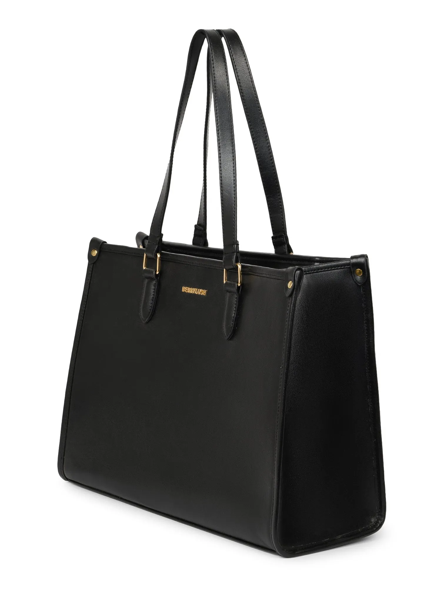 Berrylush Women Solid Black Synthetic Leather Two-Handles Zipper-Up Embellished Tote Bag