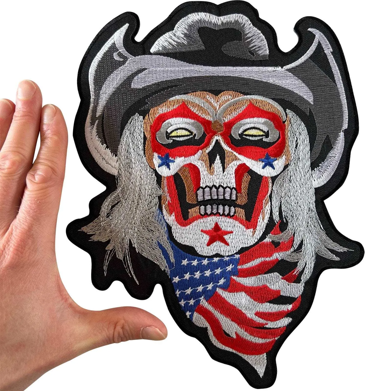 Big Large Cowboy Skull USA Flag Patch Iron Sew On Clothes Bag Embroidered Badge