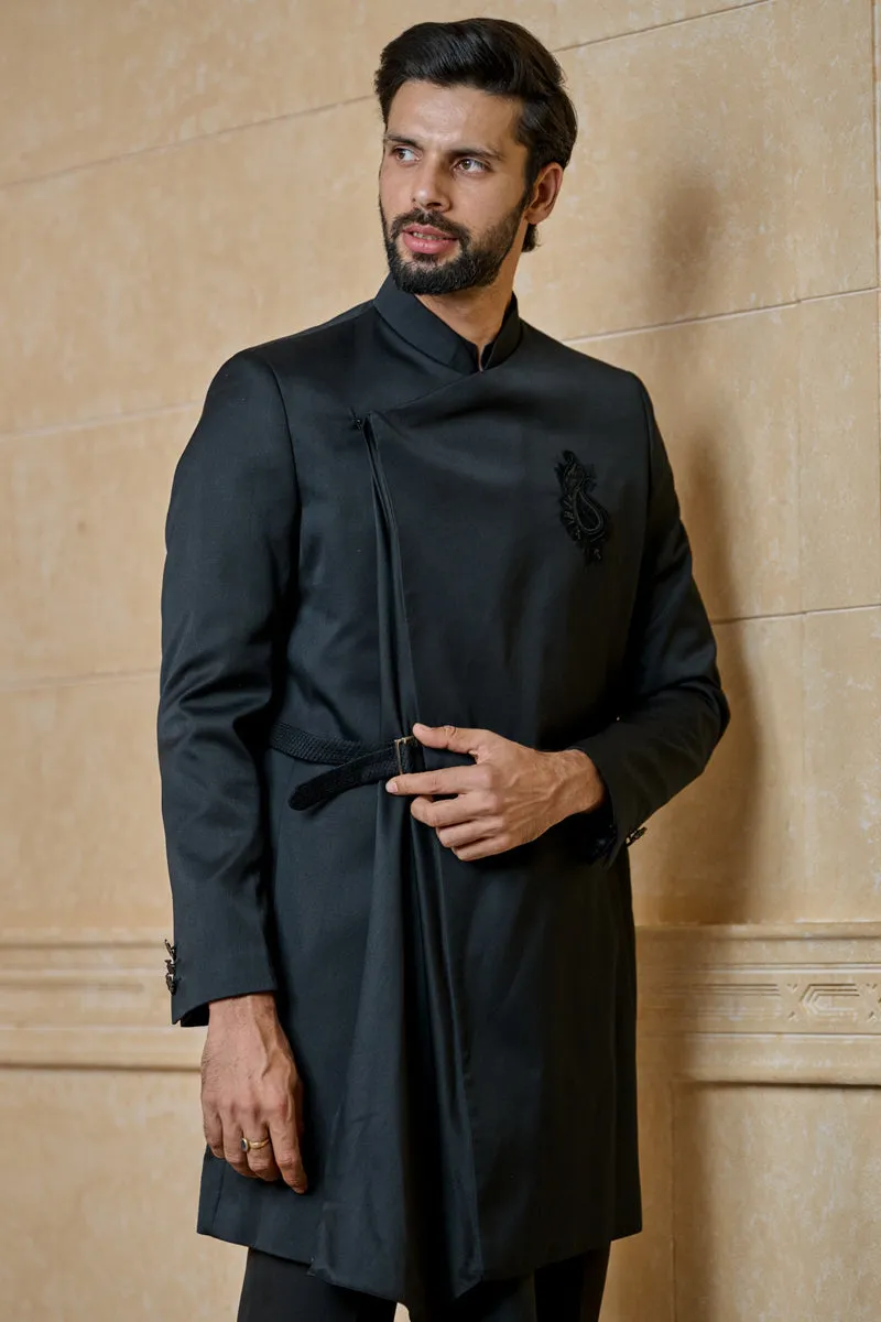 Black Drape Indo Western With Applique Crest