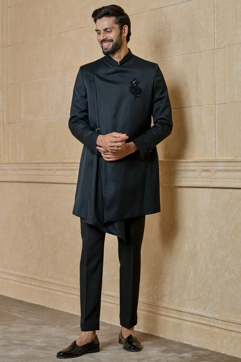 Black Drape Indo Western With Applique Crest