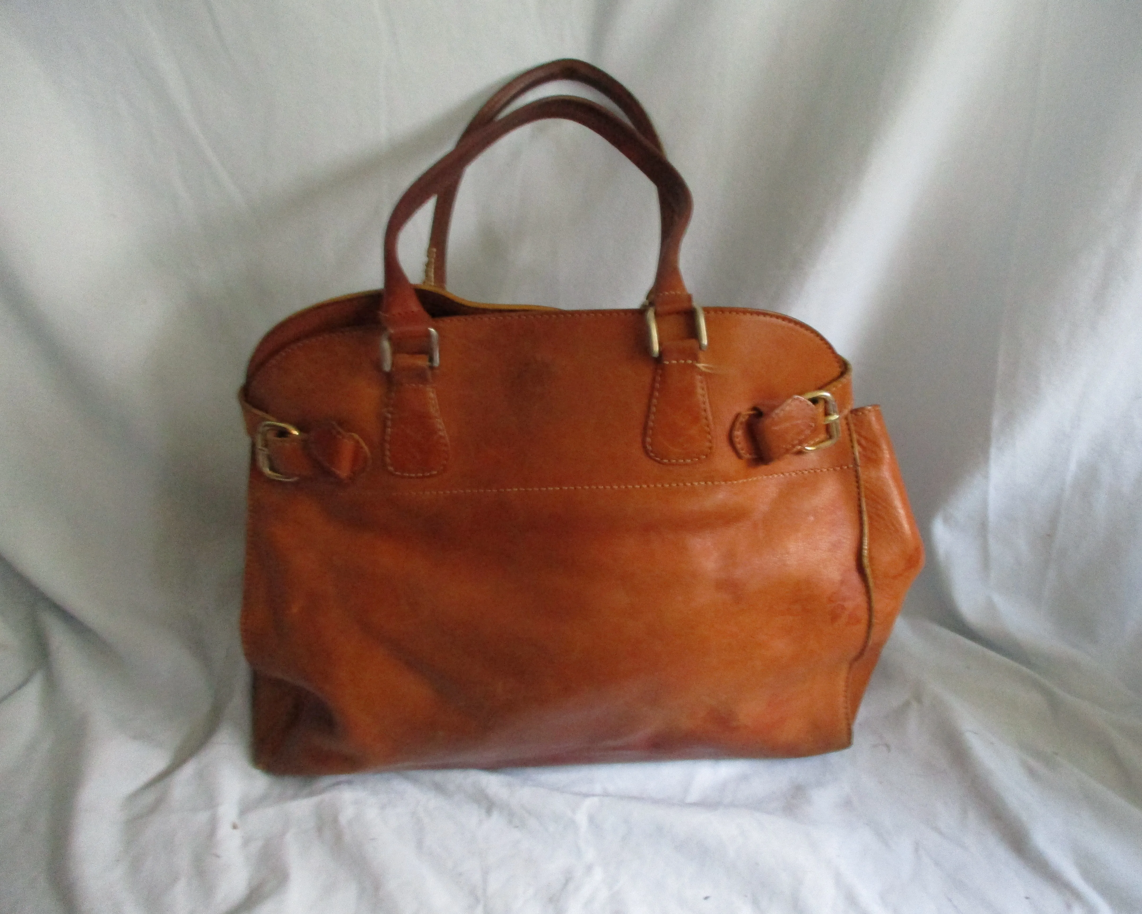 BOTTICELLI Thick Leather Satchel Tote Shoulder Bag Purse Travel BROWN