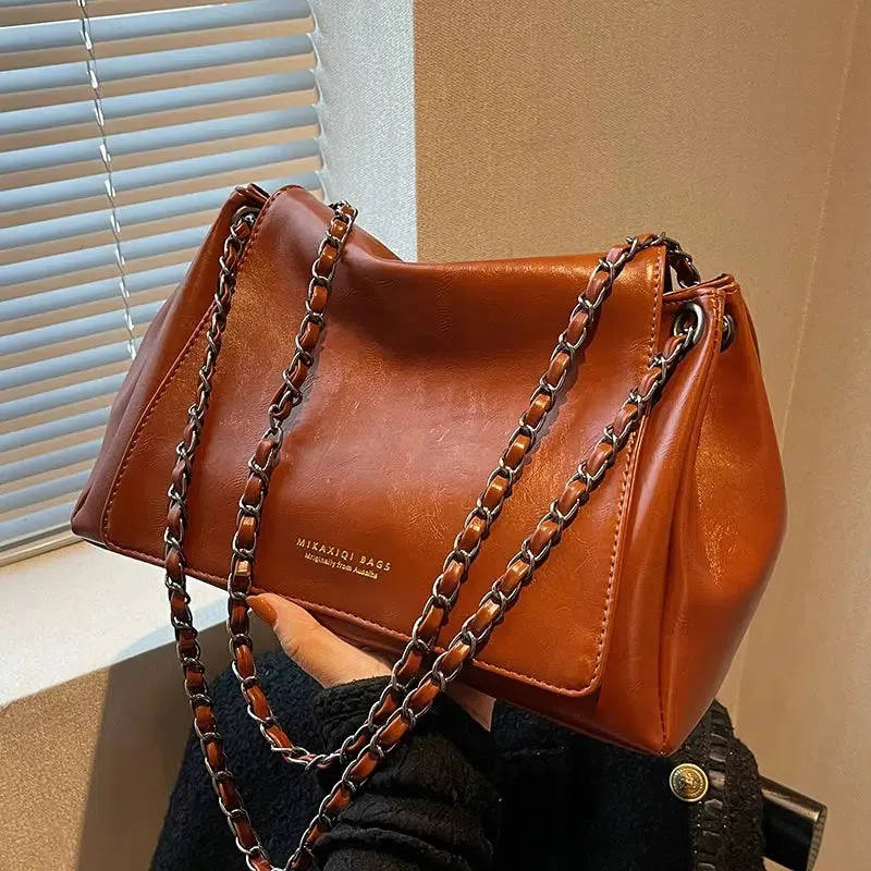 Chain Strap Leather Tote Bag