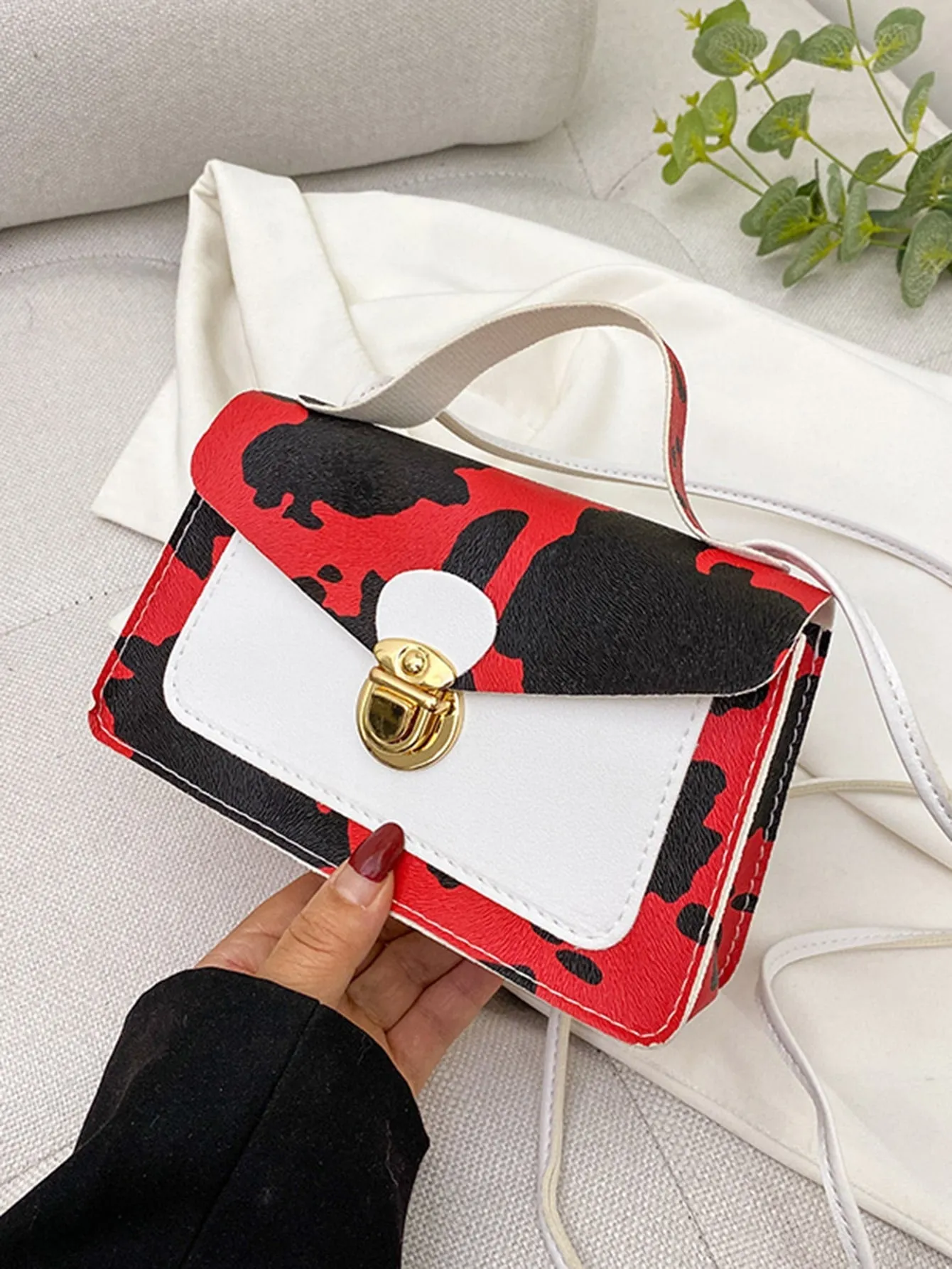 Color Block Push Lock Flap Satchel Bag