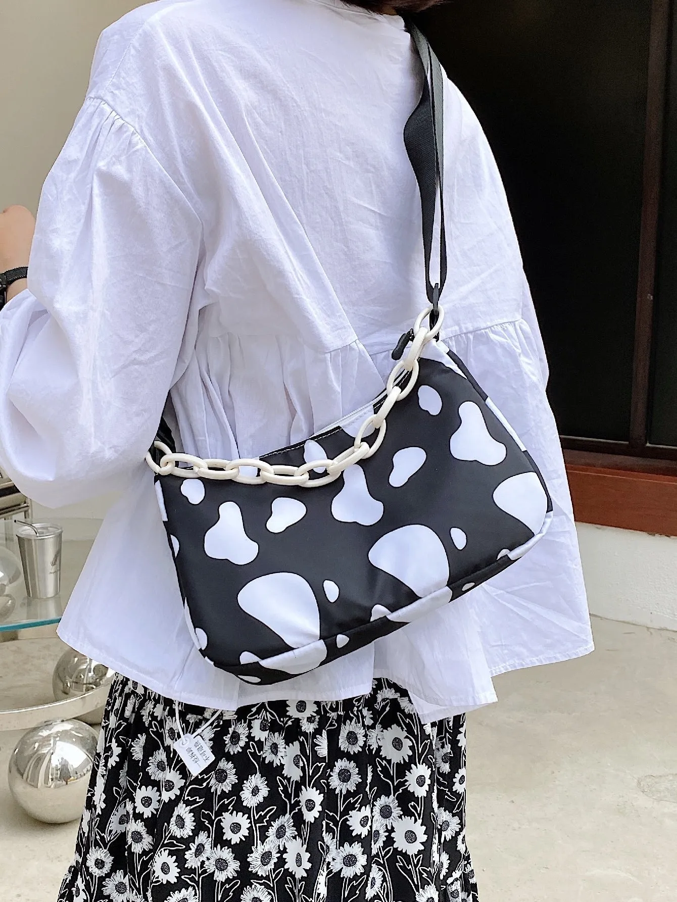 Cow Print Chain Satchel Bag