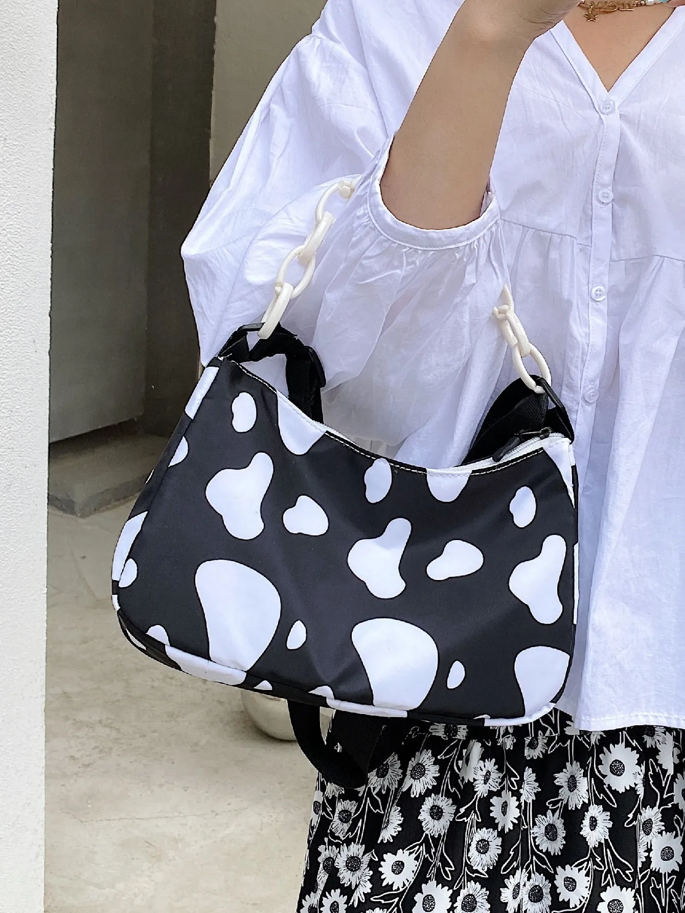 Cow Print Chain Satchel Bag