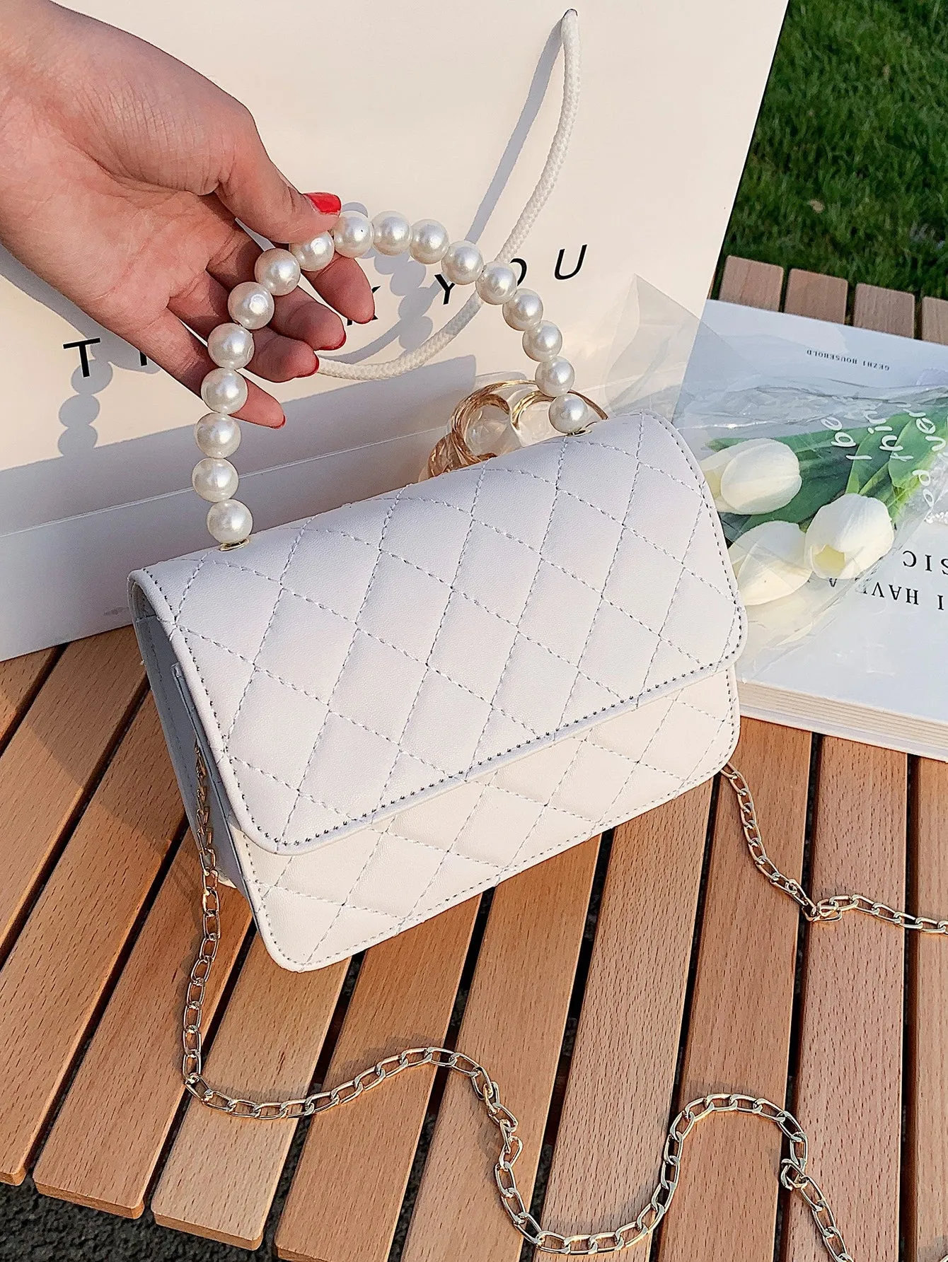 Faux Pearl Handle Quilted Chain Satchel Bag