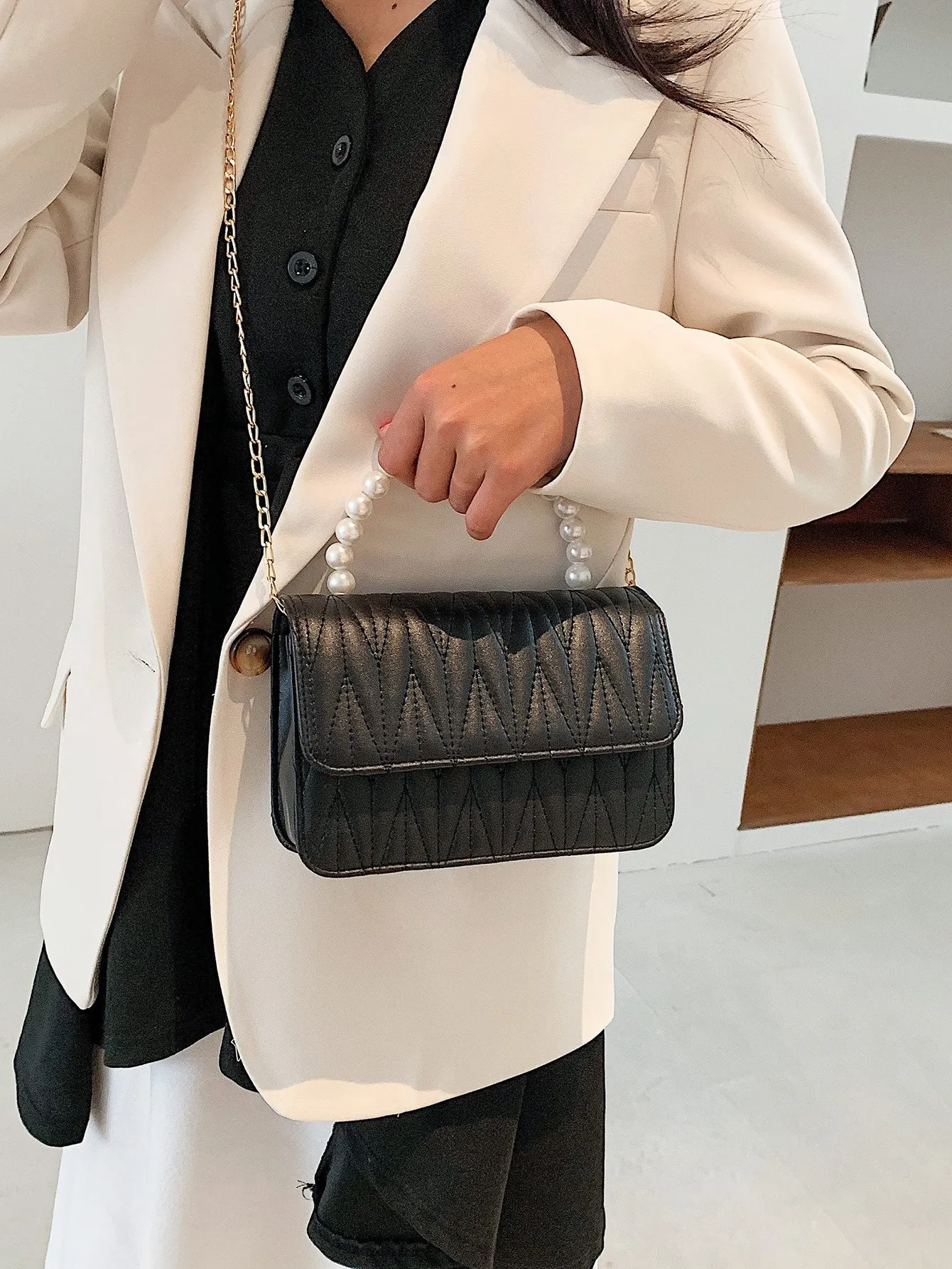 Faux Pearl Handle Quilted Chain Satchel Bag