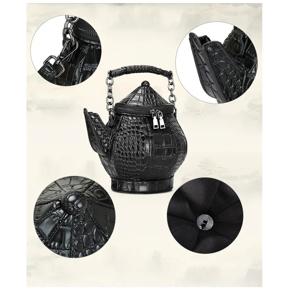 Funny Teapot Shaped Women's Handbag / Stone Pattern Bag / Single Shoulder Black Messenger Bag