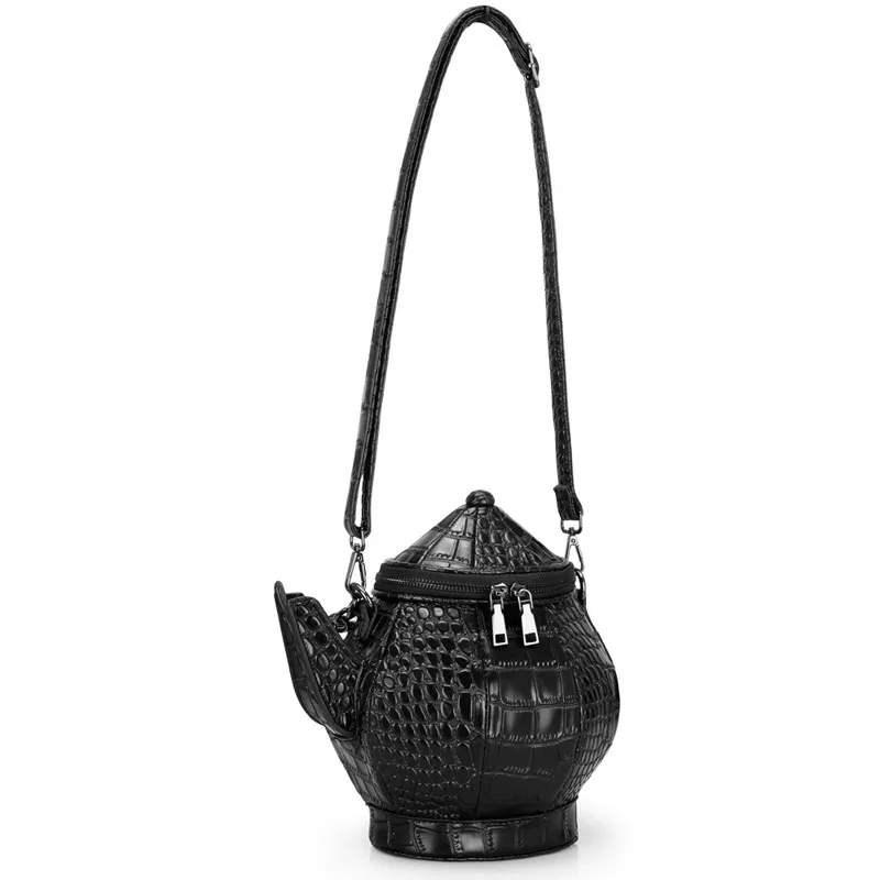 Funny Teapot Shaped Women's Handbag / Stone Pattern Bag / Single Shoulder Black Messenger Bag