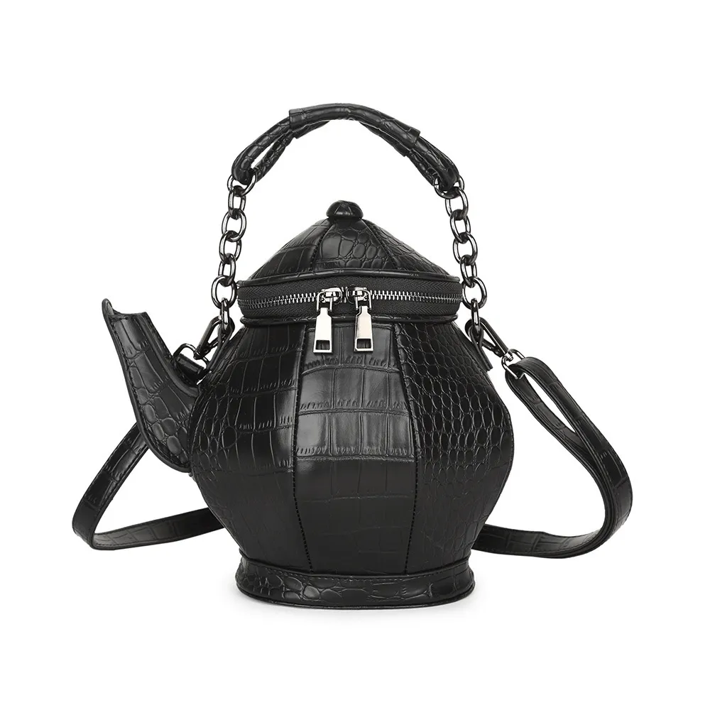 Funny Teapot Shaped Women's Handbag / Stone Pattern Bag / Single Shoulder Black Messenger Bag