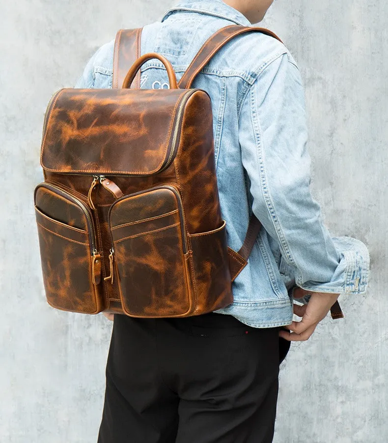 Handmade Top Grain Leather Backpack Travel Backpacks Men Shoulder Bag