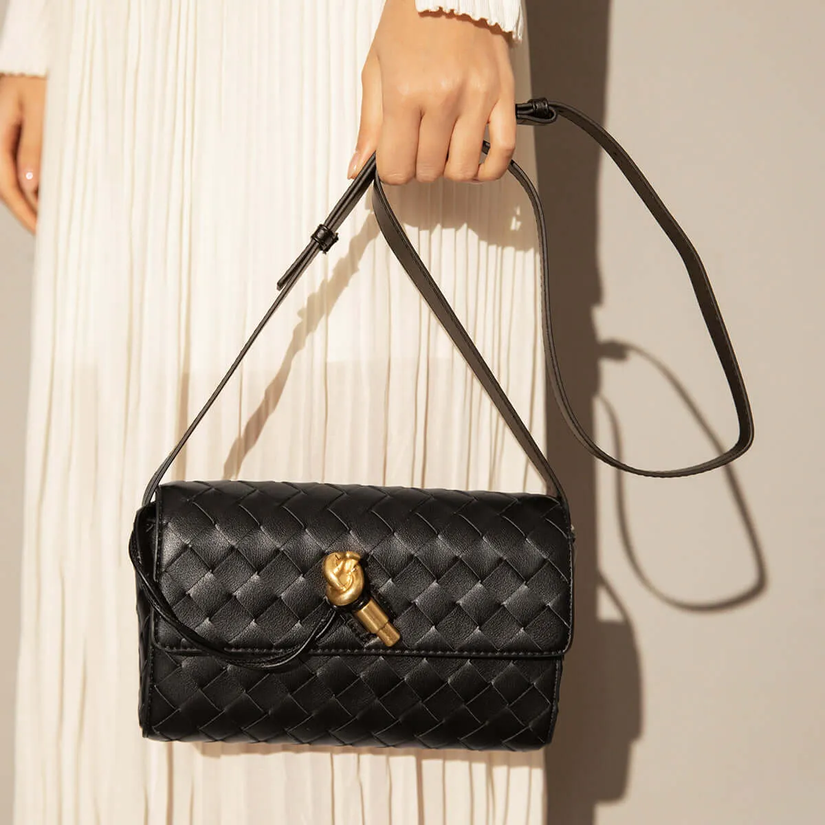 Intricate Black Woven Leather Shoulder Bag