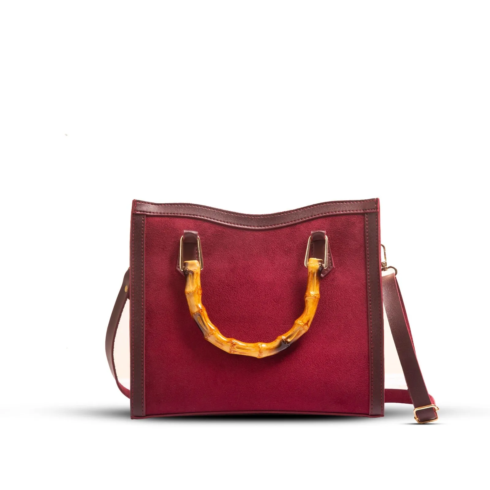 MELTON MEROON BAG WITH WOODEN HANDLE