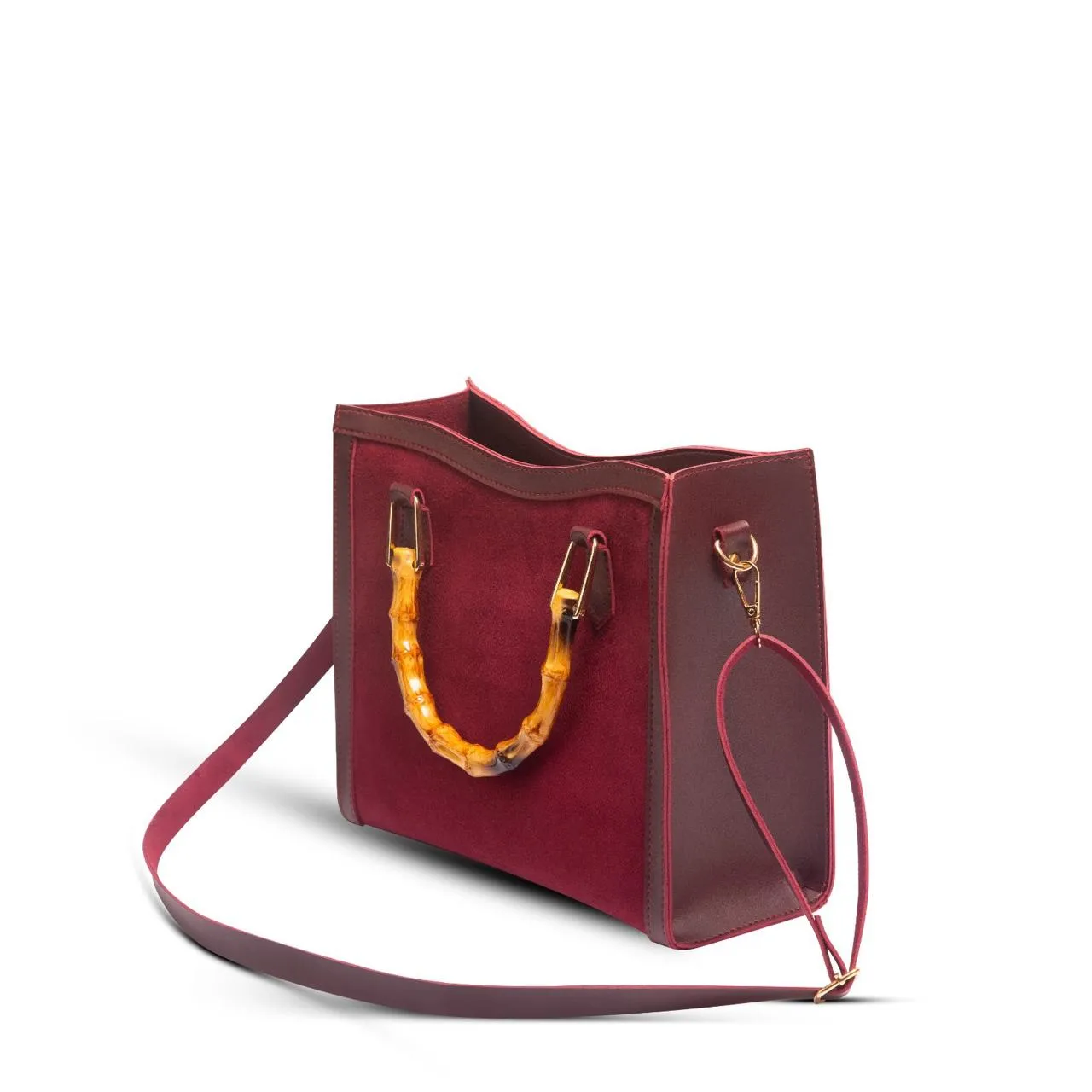 MELTON MEROON BAG WITH WOODEN HANDLE