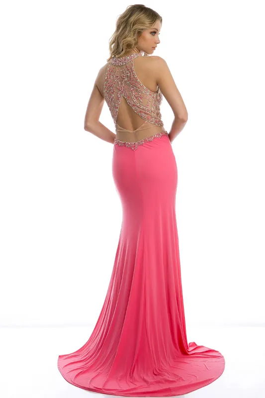 Mesh waistline and side slit evening prom gown