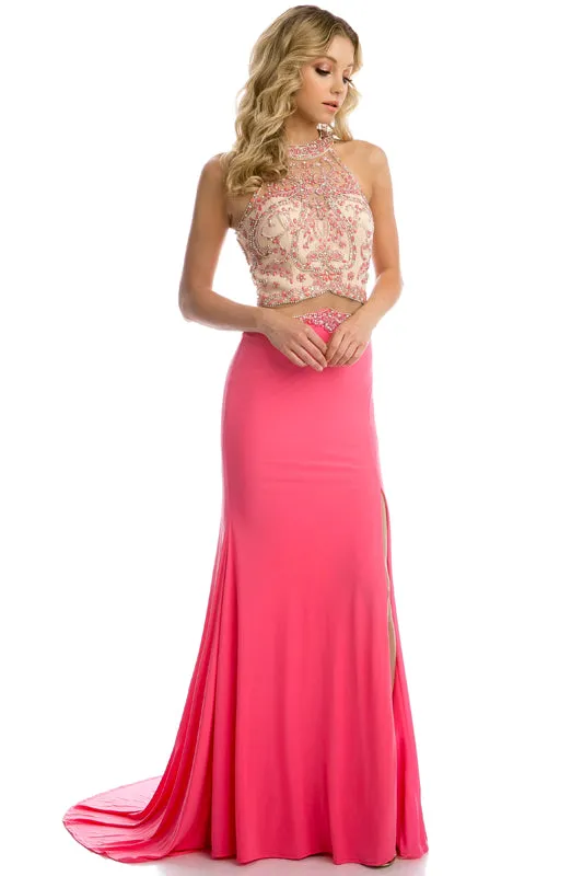 Mesh waistline and side slit evening prom gown