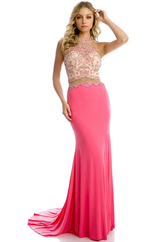 Mesh waistline and side slit evening prom gown