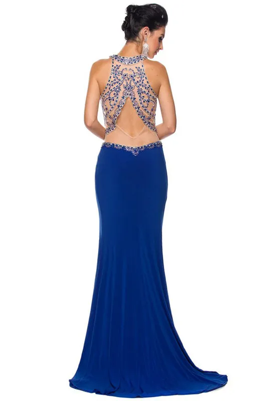 Mesh waistline and side slit evening prom gown