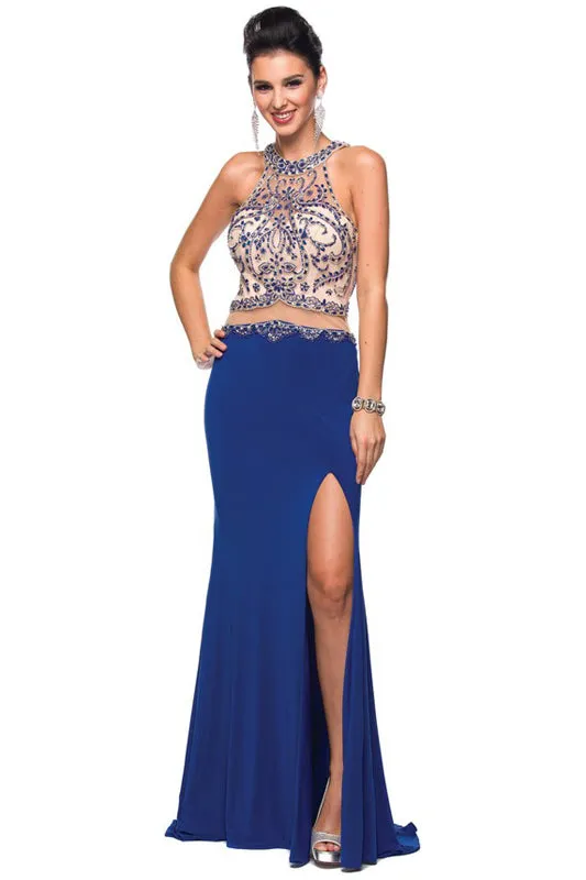 Mesh waistline and side slit evening prom gown