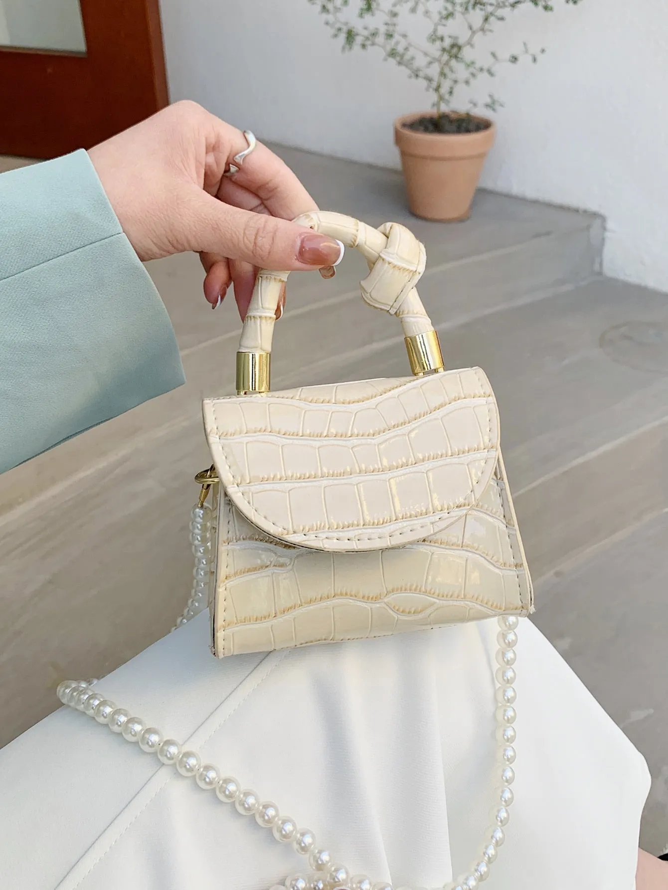 Mini Knot Decor Croc Embossed Satchel Bag