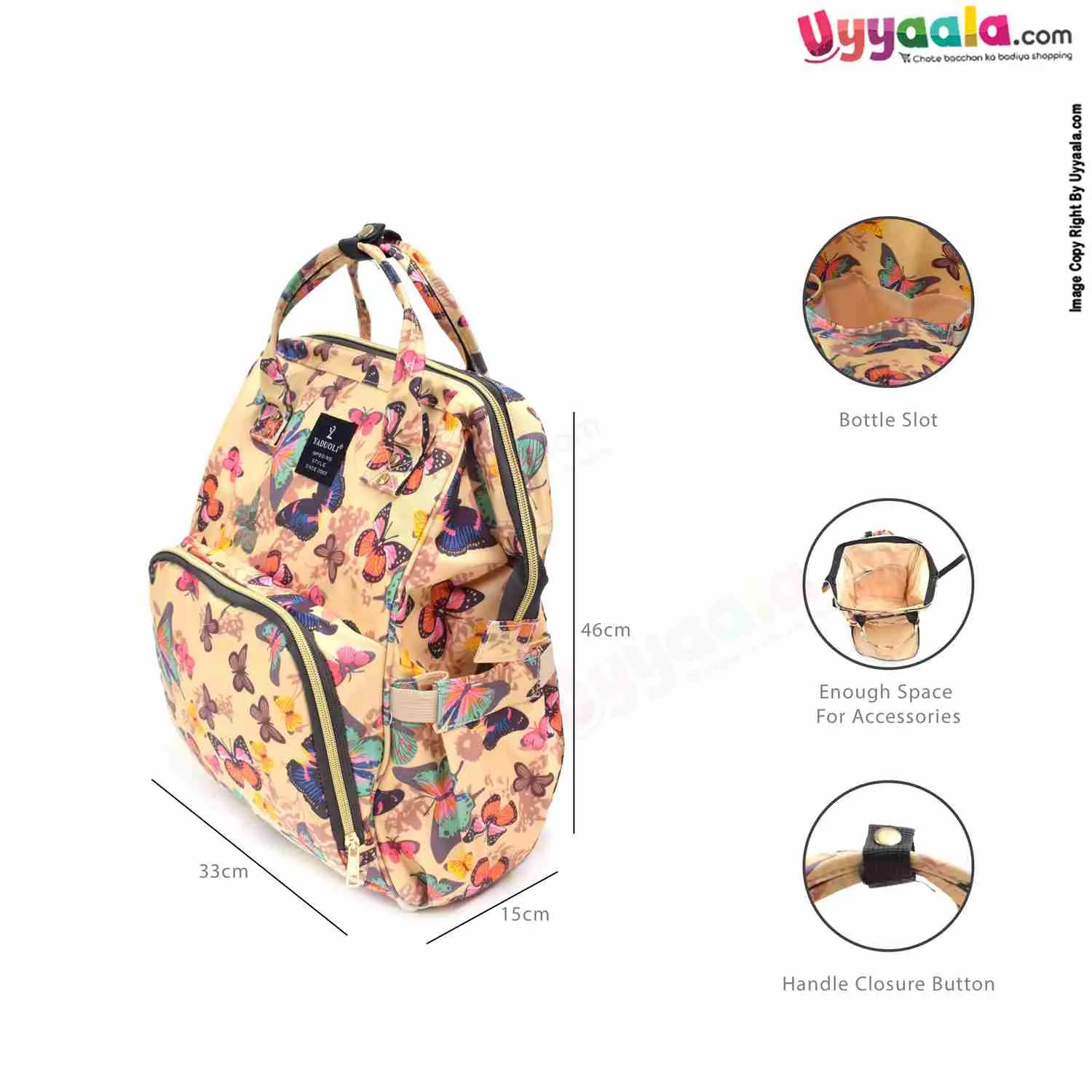 Mother's back pack (diaper bag) comfortable for travelling mothers, premium quality - size(45*34cm), cream with butterfly's print