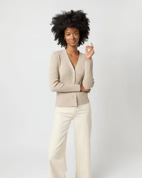 Nia Long-Sleeved Ribbed Cardigan in Latte Cotton/Silk