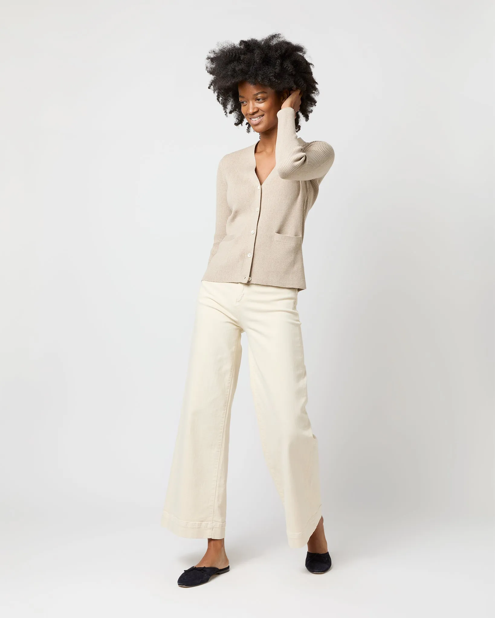 Nia Long-Sleeved Ribbed Cardigan in Latte Cotton/Silk