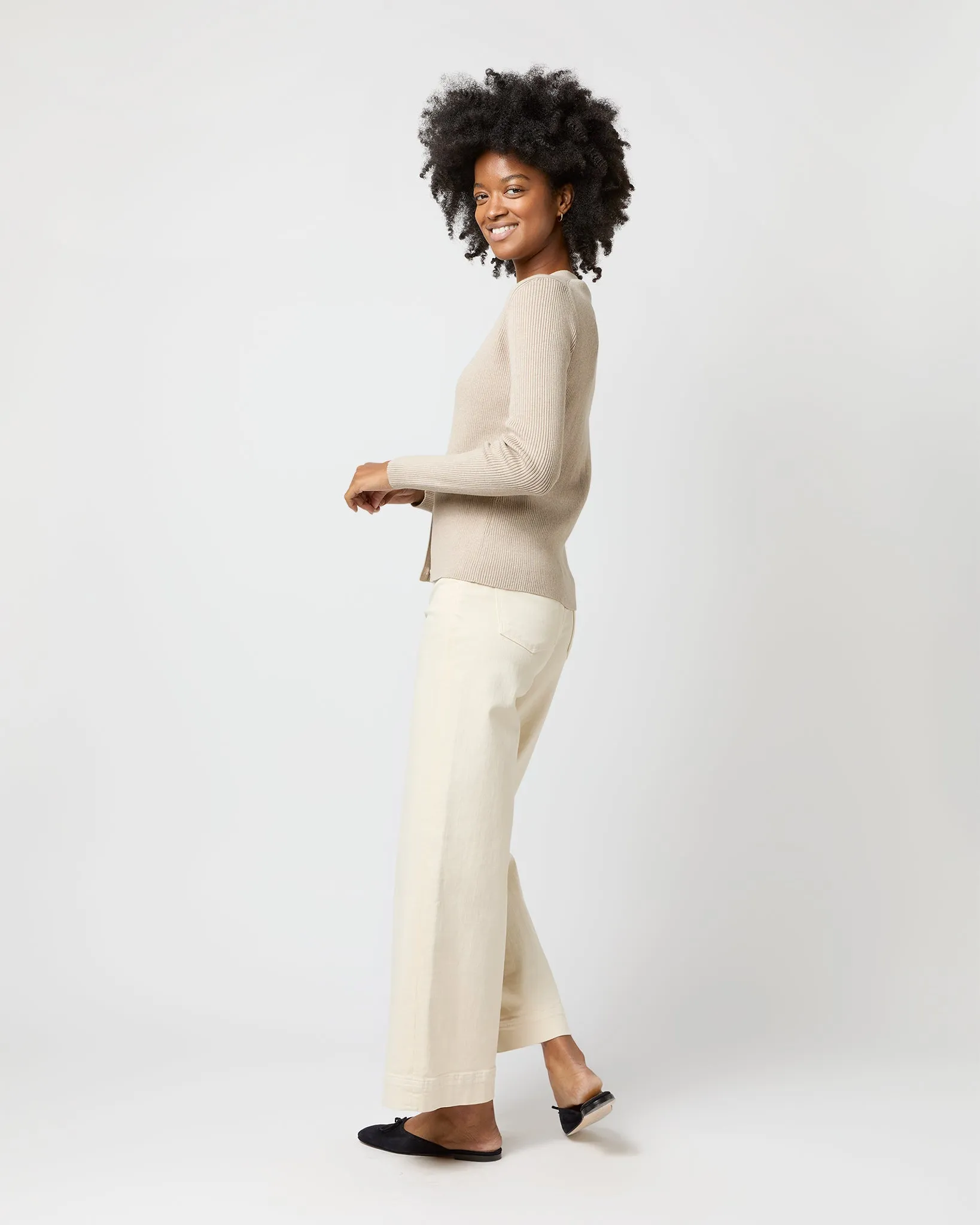 Nia Long-Sleeved Ribbed Cardigan in Latte Cotton/Silk