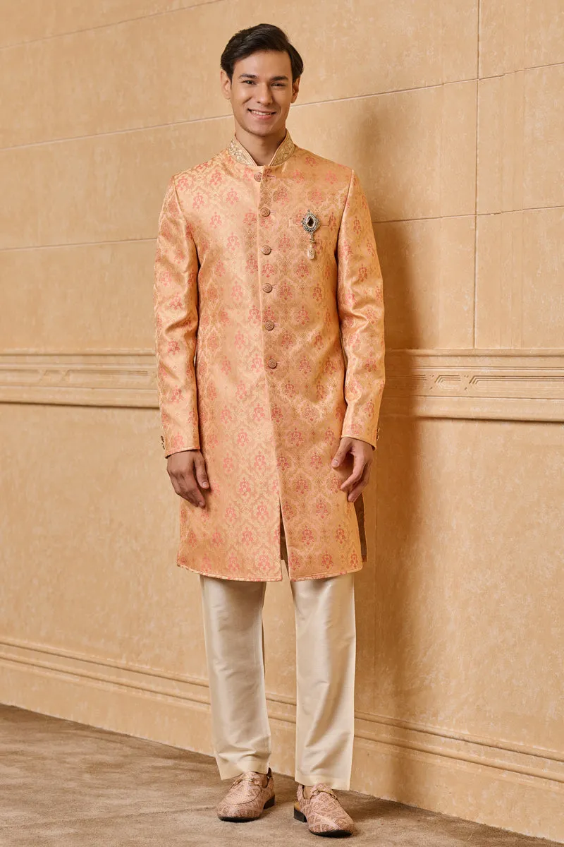 Peach Brocade Indo Western With Zardozi Embroidery