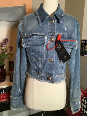 Philipp Plein Size S Blue Denim Distressed Jacket NWT 2400-200-22120