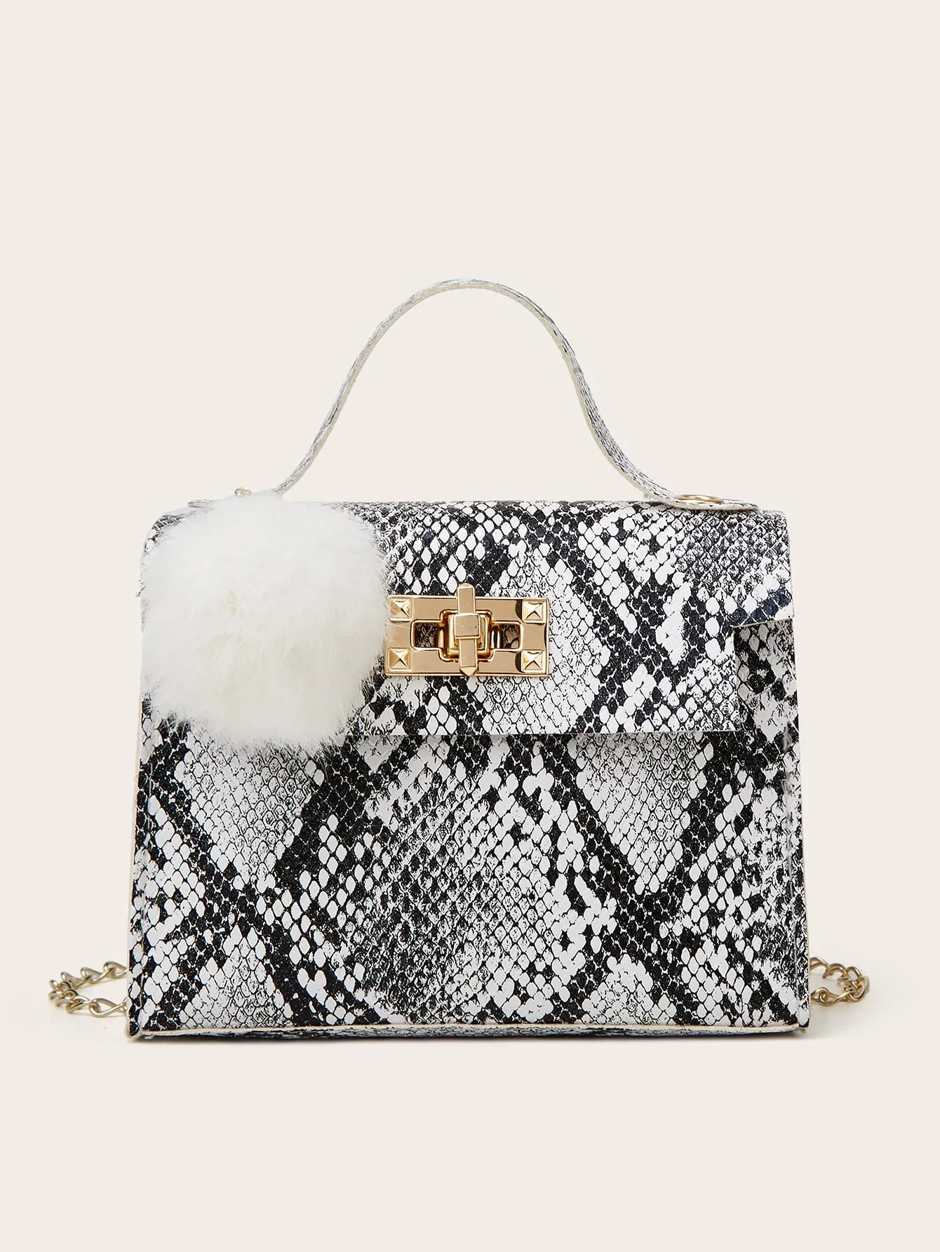 Pom Pom Decor Snakeskin Print Chain Bag