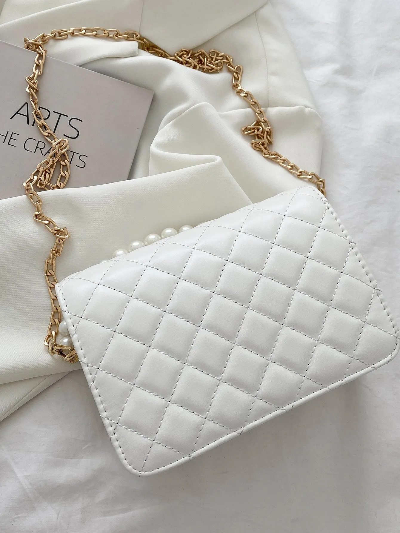 Quilted Faux Pearl Beaded Chain Bag