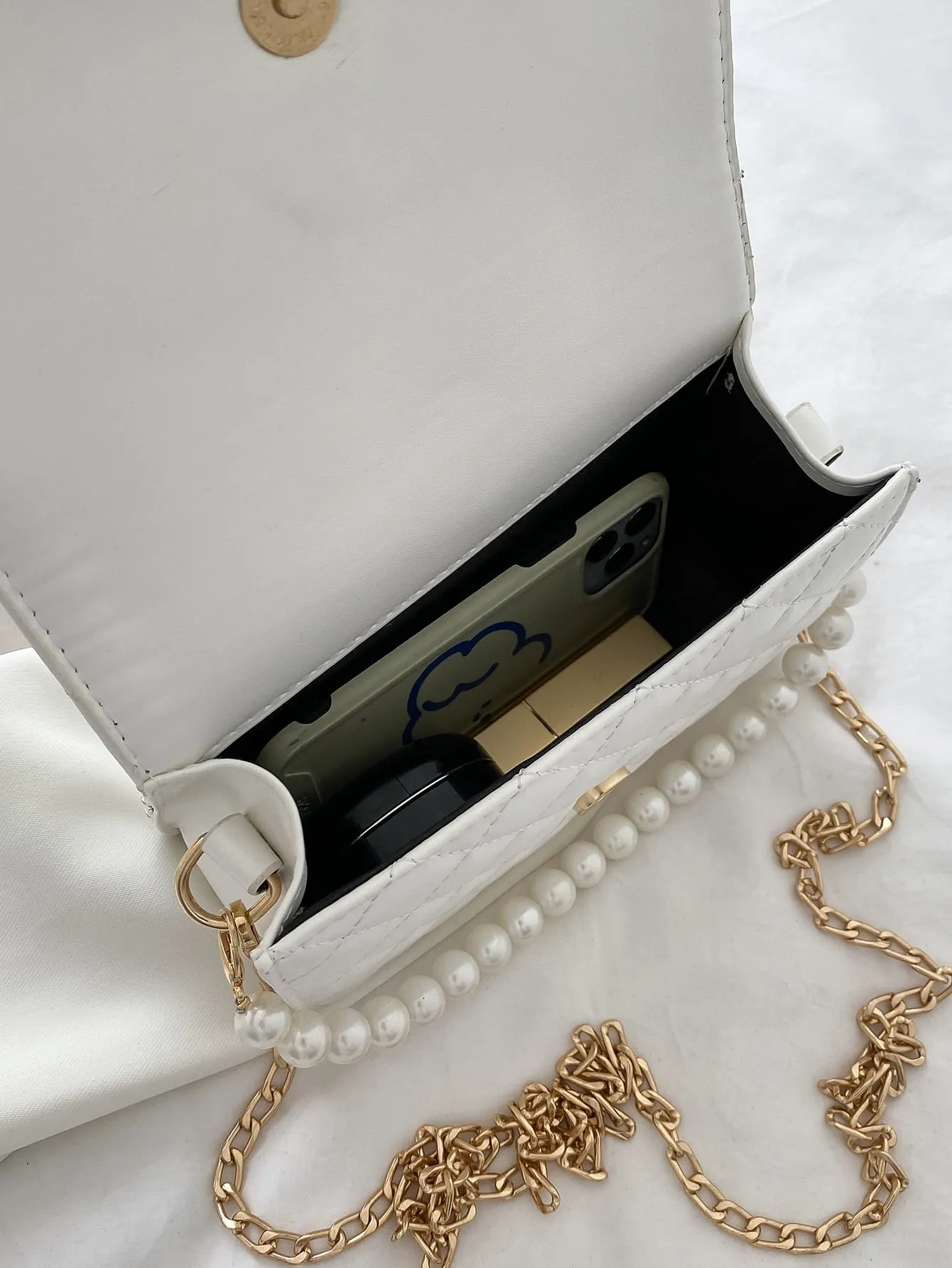 Quilted Faux Pearl Beaded Chain Bag