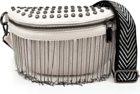 Rocker Chic White Faux Leather Tassel Embellished Sling Bag