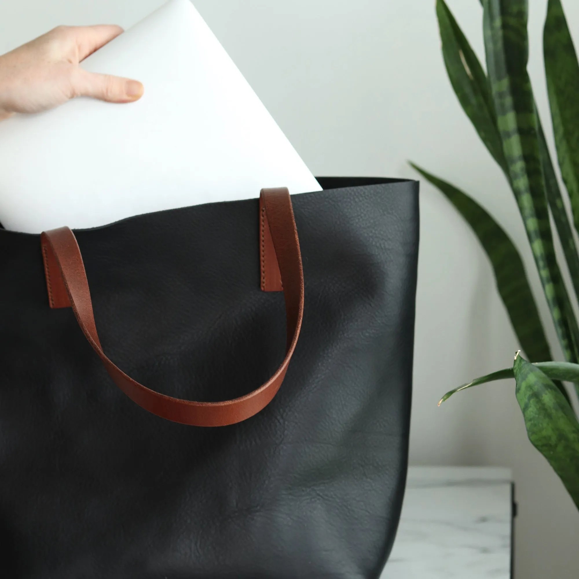 Seconds Sale - Minimalist Tote - Black Pebble with Brown Straps