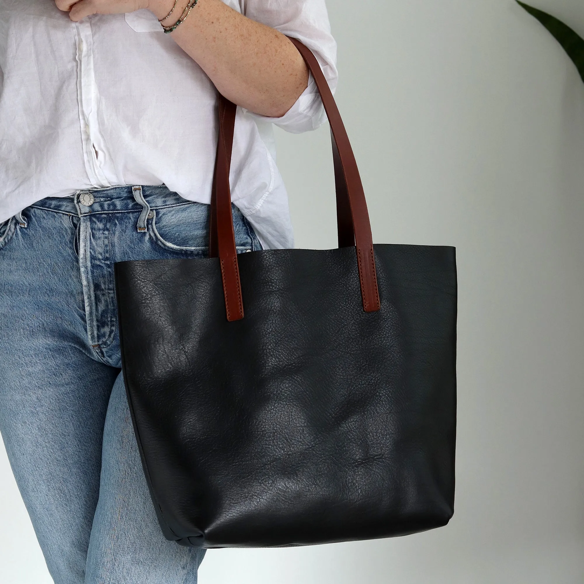 Seconds Sale - Minimalist Tote - Black Pebble with Brown Straps