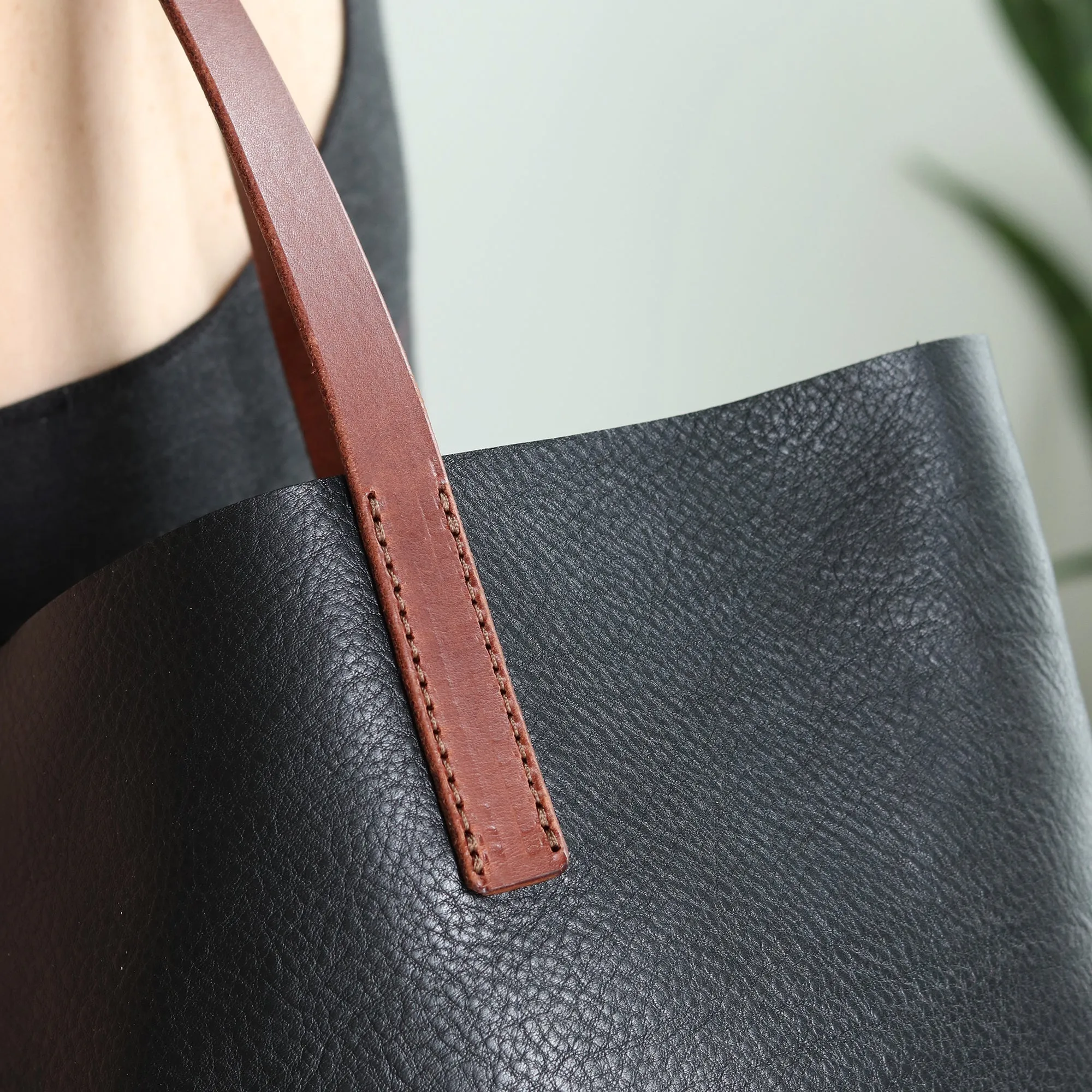 Seconds Sale - Minimalist Tote - Black Pebble with Brown Straps