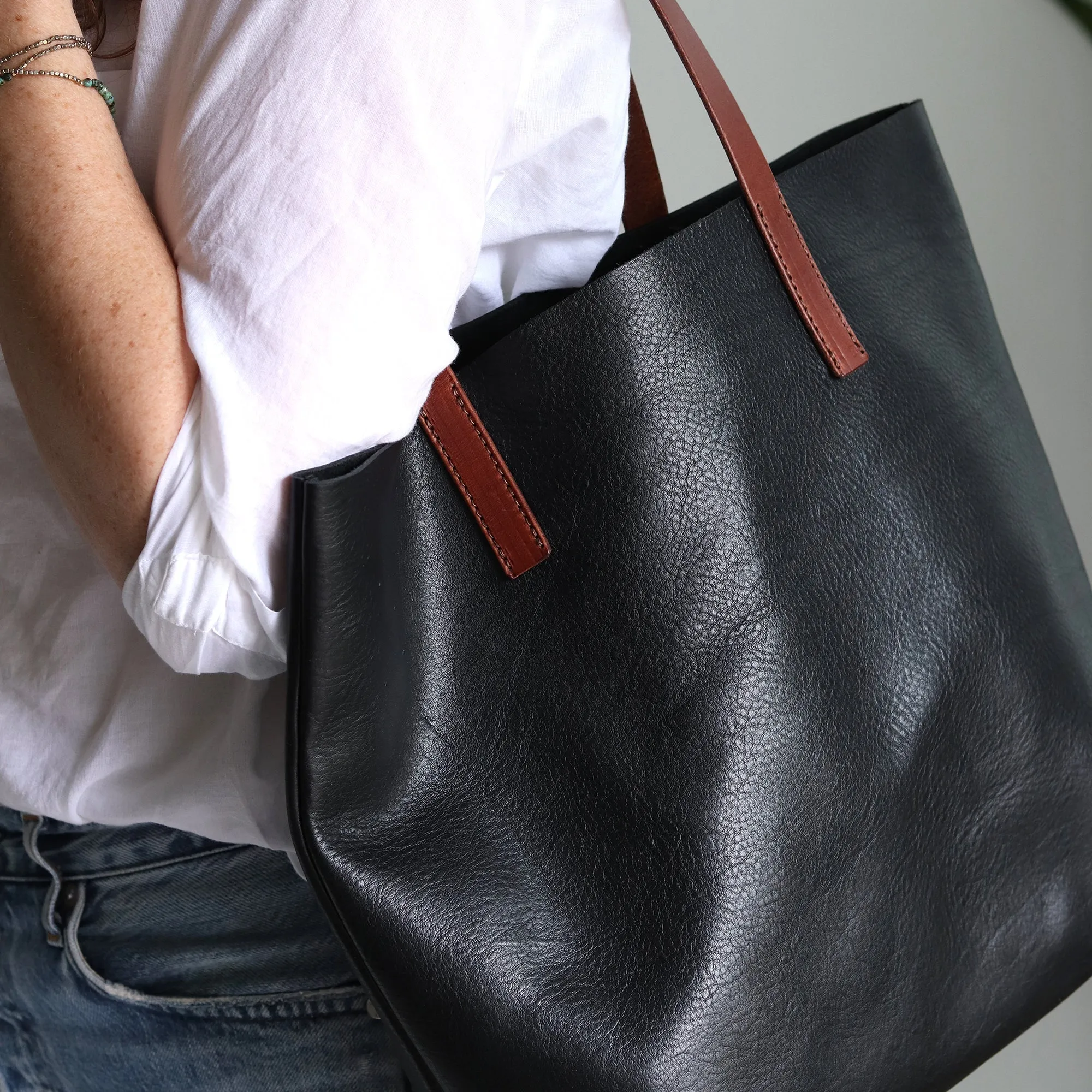 Seconds Sale - Minimalist Tote - Black Pebble with Brown Straps