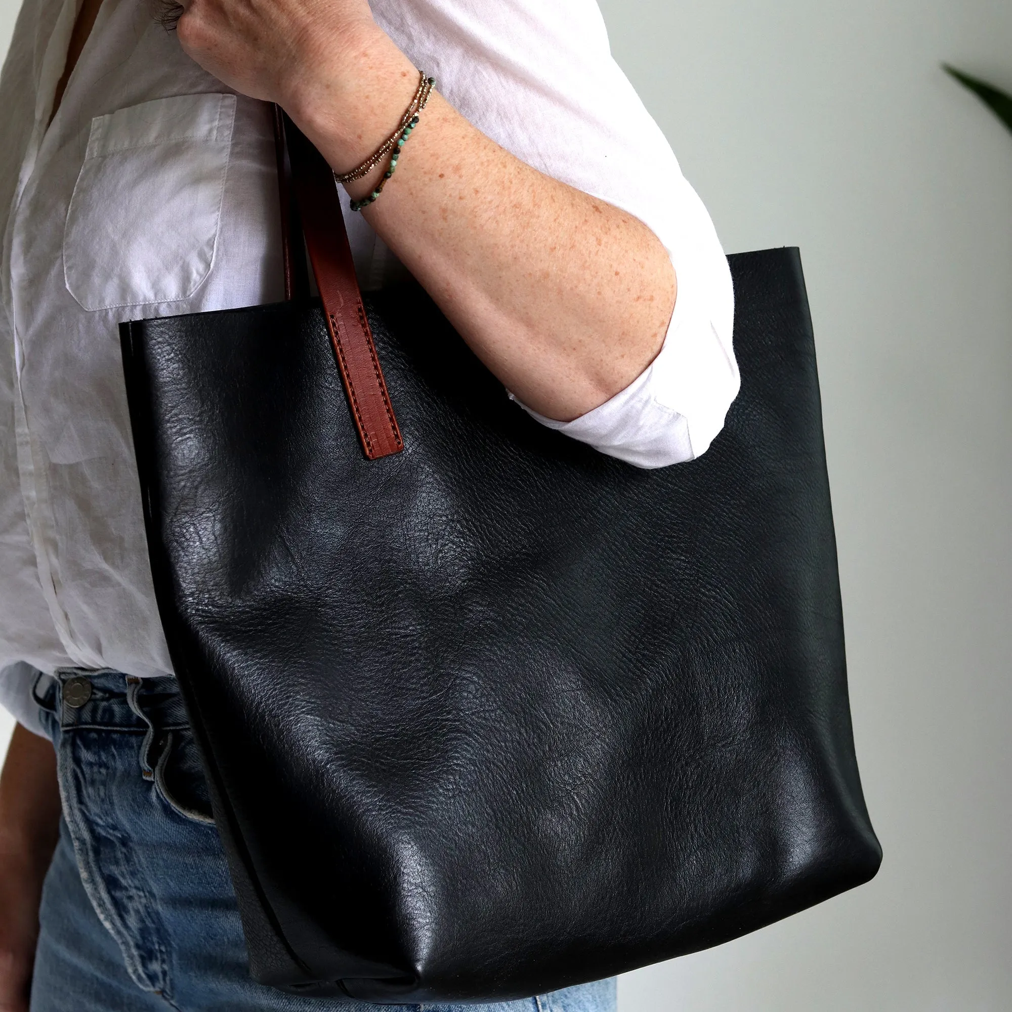 Seconds Sale - Minimalist Tote - Black Pebble with Brown Straps