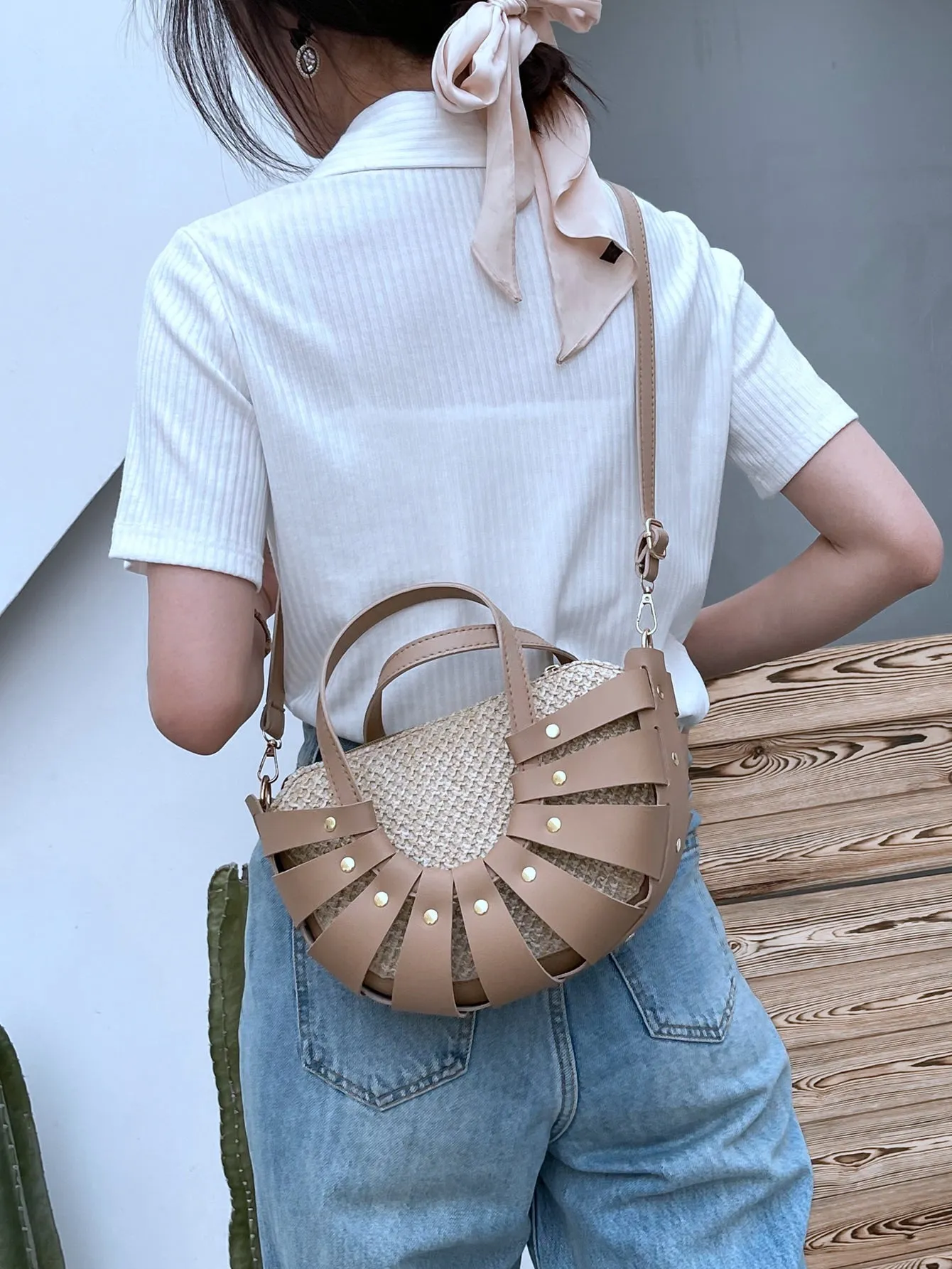 Studded Decor Straw Design Satchel Bag