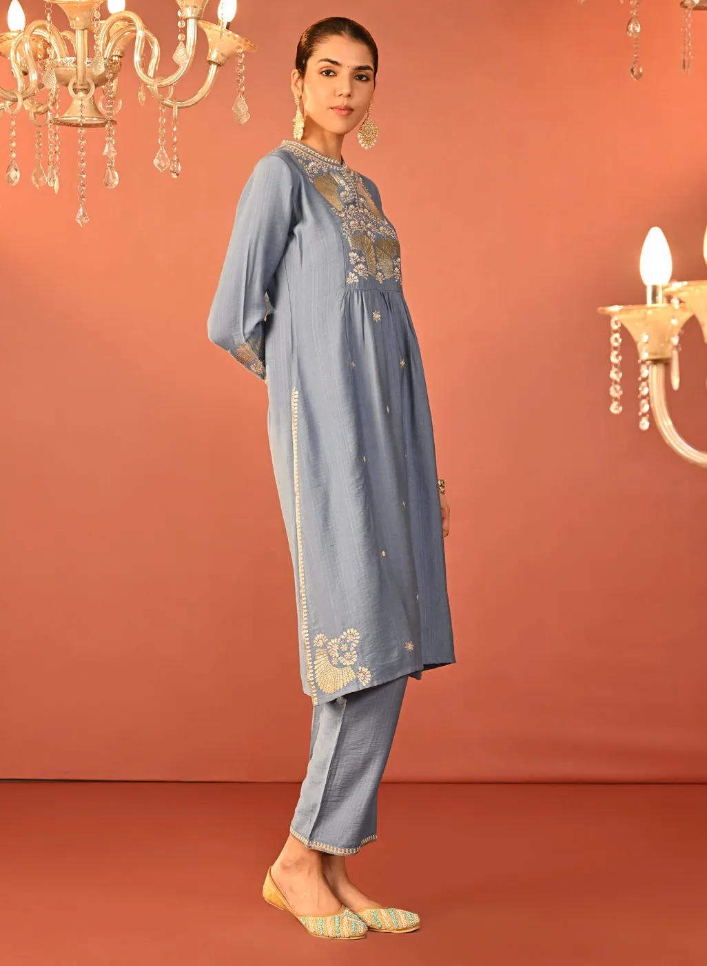 Wamiqa Berry Blue Embroidered Rayon Co-ord Set for Women