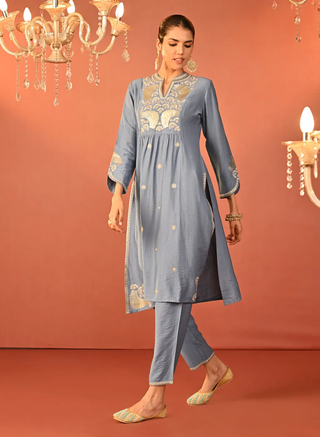 Wamiqa Berry Blue Embroidered Rayon Co-ord Set for Women