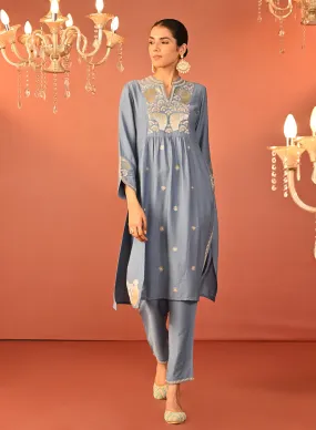 Wamiqa Berry Blue Embroidered Rayon Co-ord Set for Women