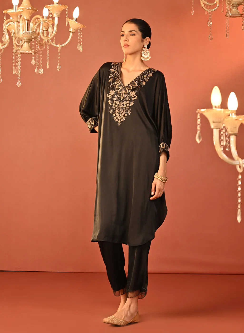 Zaaria Black Embroidered Satin Kurta Set for Women