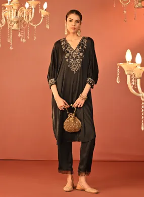 Zaaria Black Embroidered Satin Kurta Set for Women