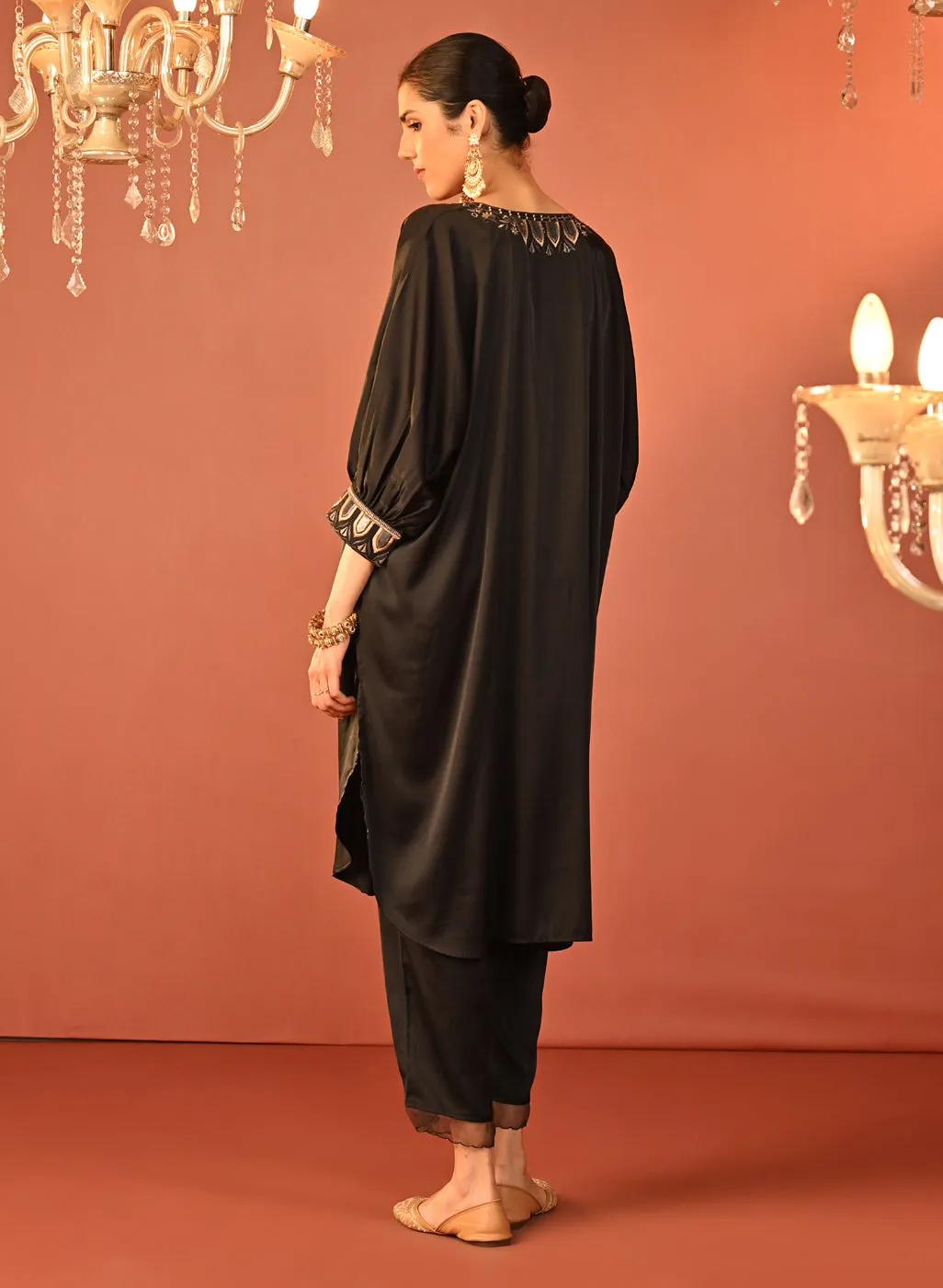 Zaaria Black Embroidered Satin Kurta Set for Women