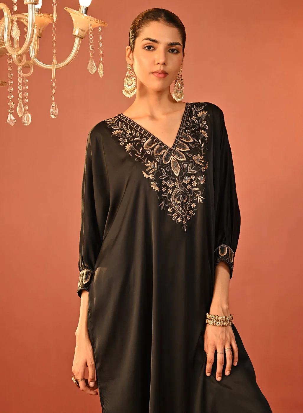 Zaaria Black Embroidered Satin Kurta Set for Women