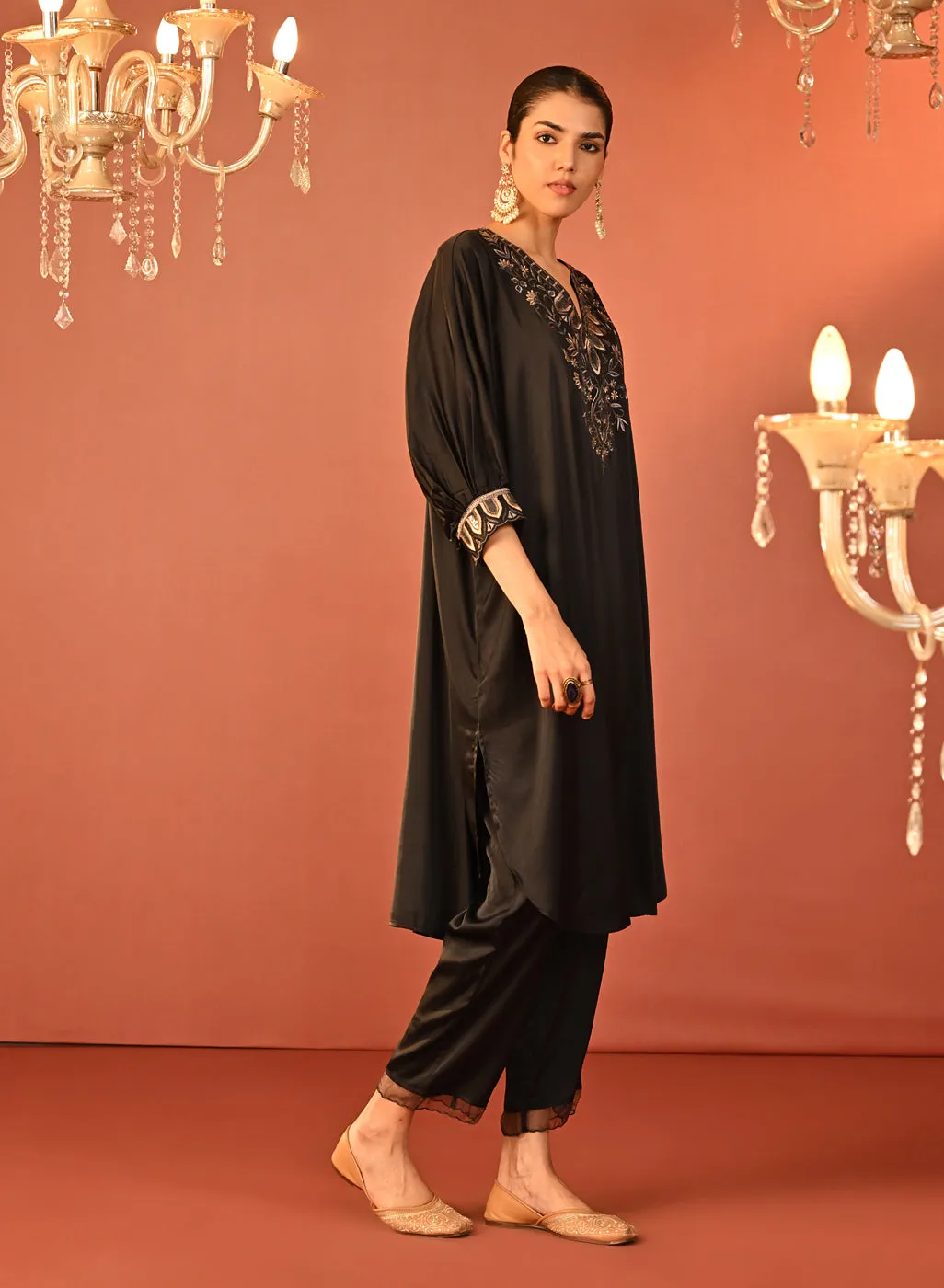 Zaaria Black Embroidered Satin Kurta Set for Women